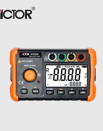 Telurómetro digital Victor 4105A para medición de resistencia de puesta a tierra con alta precisión.