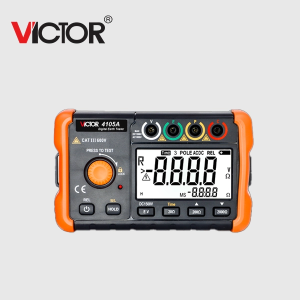 Telurómetro digital Victor 4105A para medición de resistencia de puesta a tierra con alta precisión.
