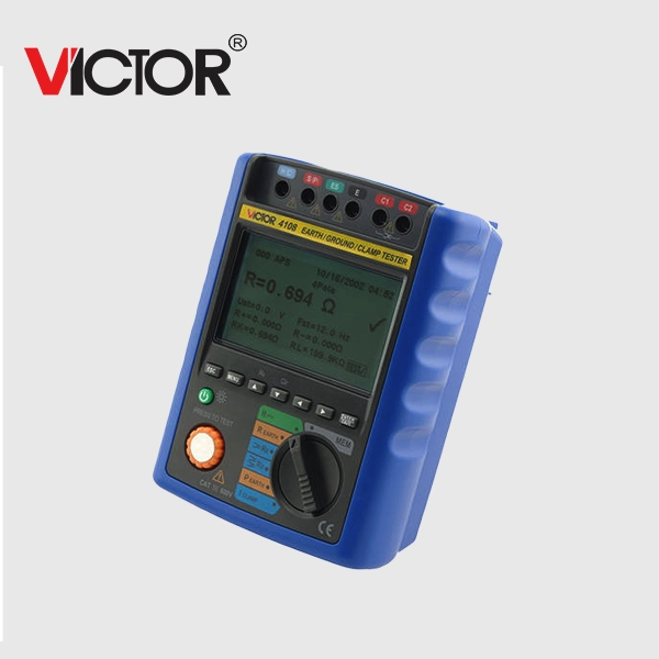 Telurómetro digital Victor 4108 para medición precisa de resistencia de puesta a tierra en instalaciones eléctricas.